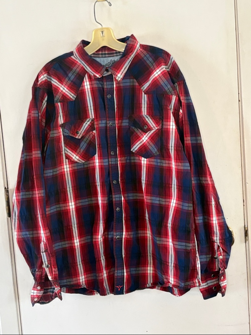 Wrangler 20X navy red plaid long sleeve button down western shirt Size XXL